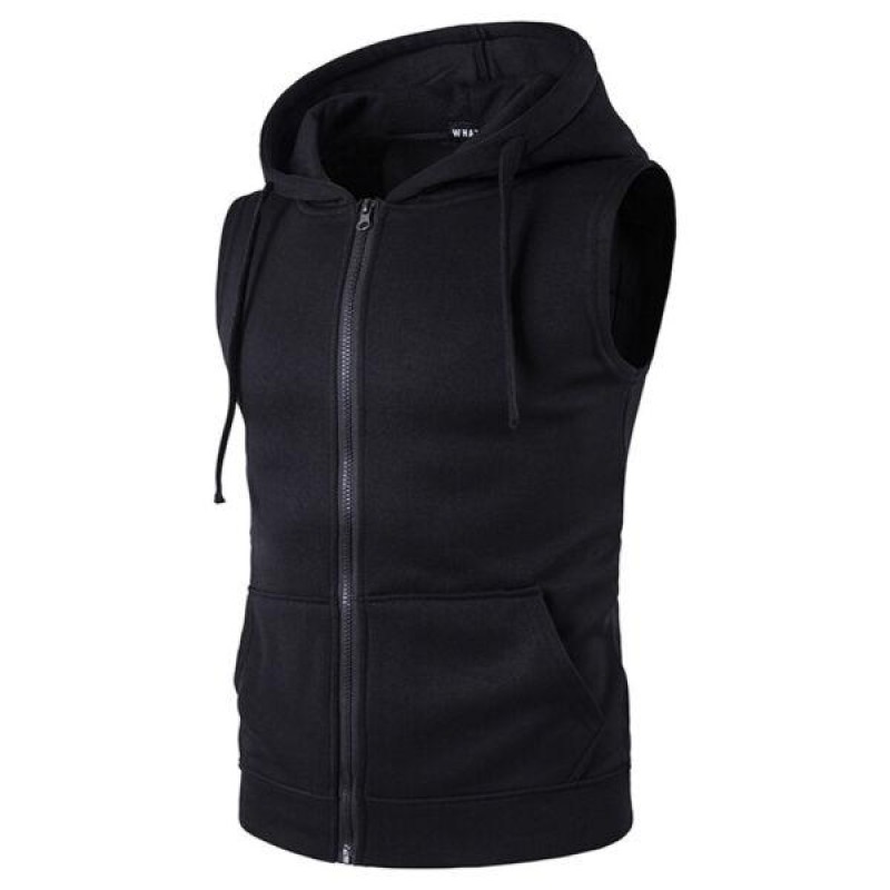 Men Sleeveless Workout Hoodie Solid Zip-up Vest Gy...