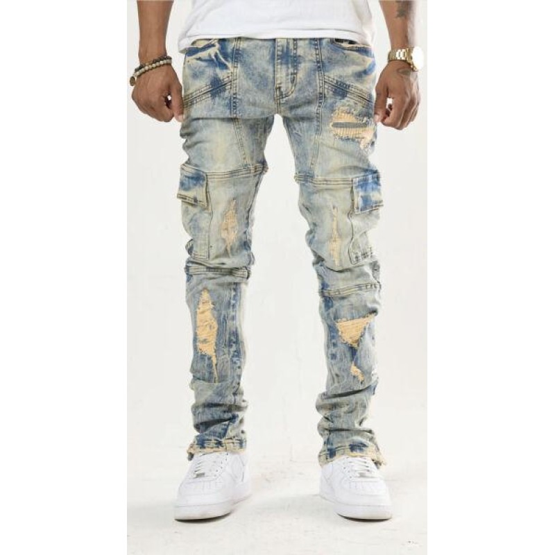 NEW MEN DENIM BLUE RIPPED BIKER CARGO JEANS DISTRE...