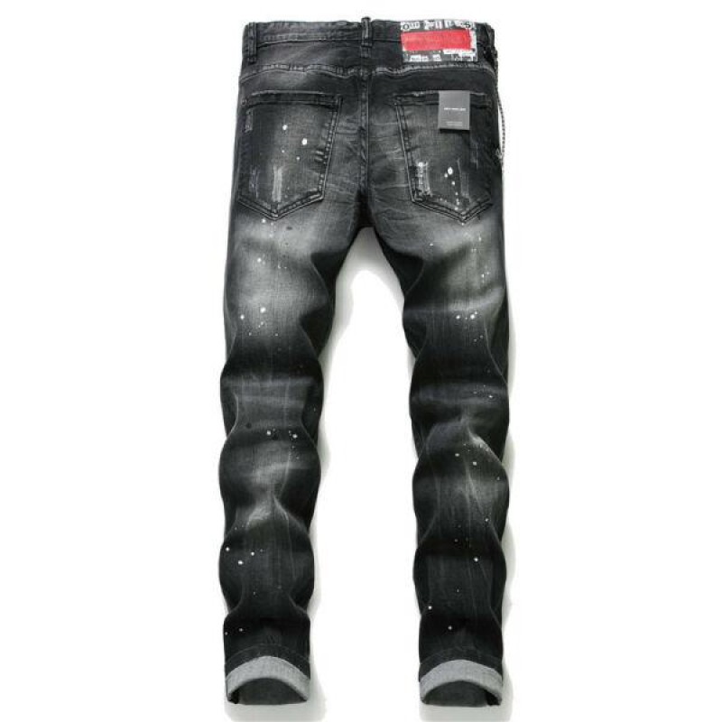 Men Personality Patch Paint ICON Jeans Slim Fit Men Washed Denim Pant Trousers