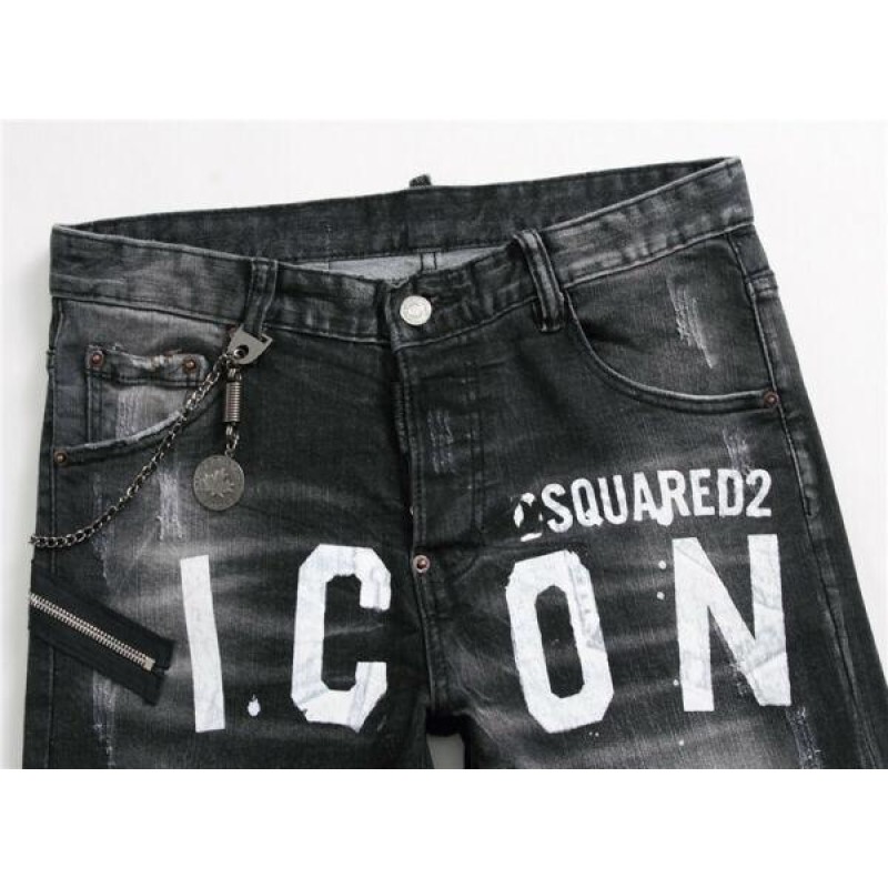 Men Personality Patch Paint ICON Jeans Slim Fit Men Washed Denim Pant Trousers