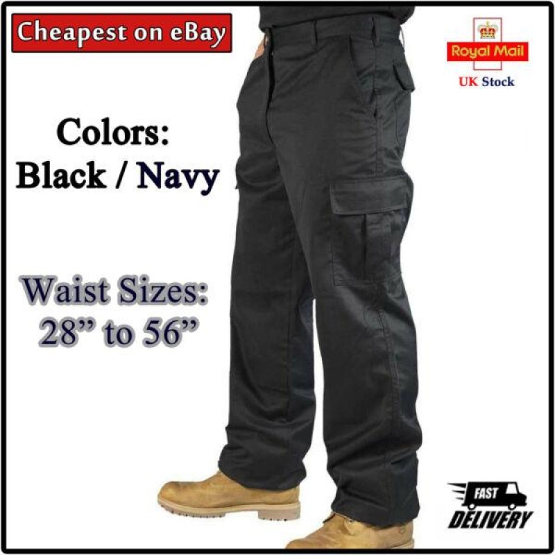 Mens Cargo Combat Work Trousers Size 28 to 52 Black Navy - Machine Washable UK