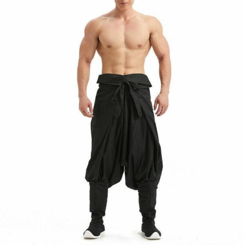 Fashion Men Drop Low Crotch Baggy Pants Belted Chinese Traditional Hanfu Trouser