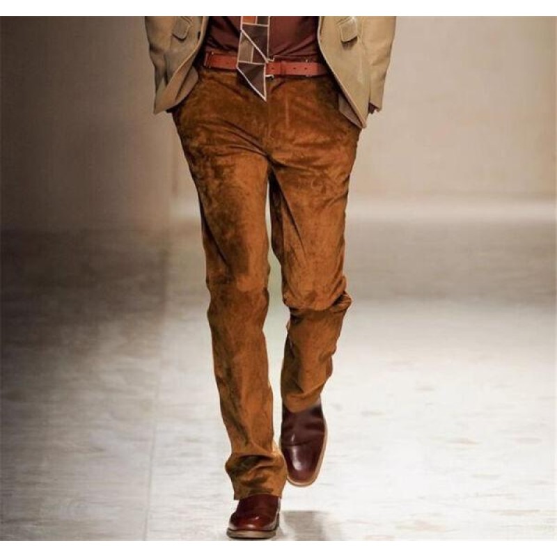 Mens Retro Straight Work Wear Suede Pants Long Formal Trousers British OL Style