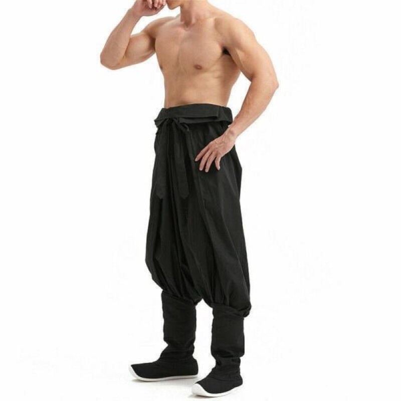 Fashion Men Drop Low Crotch Baggy Pants Belted Chinese Traditional Hanfu Trouser