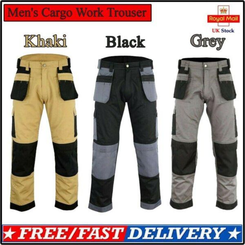 Men's Cargo Trousers Work trouser knee pad pocket Black Grey Khaki Heavy duty