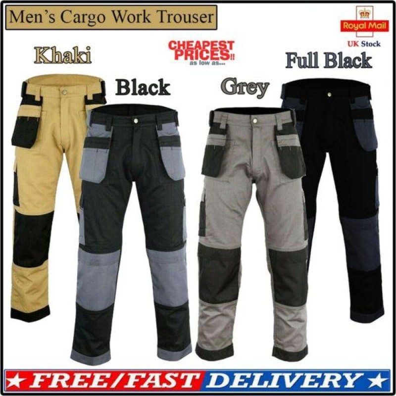 Men's Cargo Trousers Work trouser knee pad pocket Black Grey Khaki Heavy duty