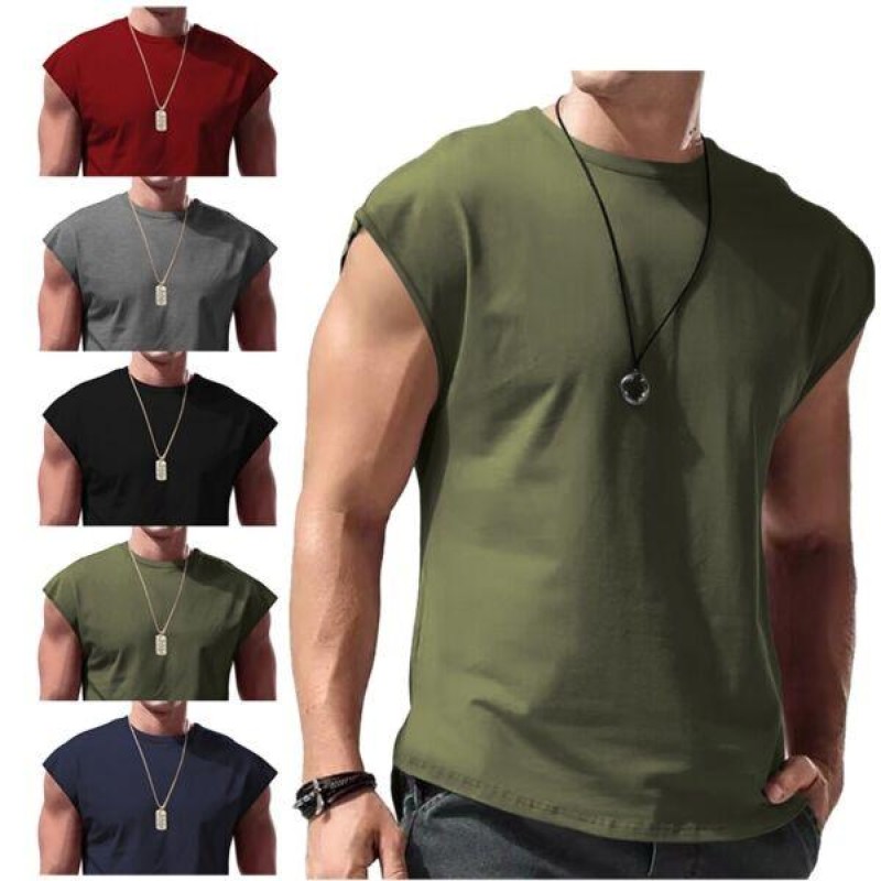 Mens Sleeveless Loose T-Shirt Solid Color Round Neck Vest Tops Muscle Tank Tops