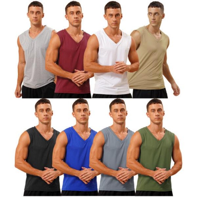 Mens Casual Sleeveless T-shirt Solid Color V Neck Workout Vest Muscle Tank Tops