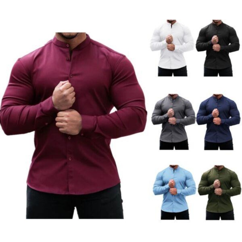 Mens Long Sleeve Button Shirt Solid Color Stand Collar Slim Fit T Shirts Tops