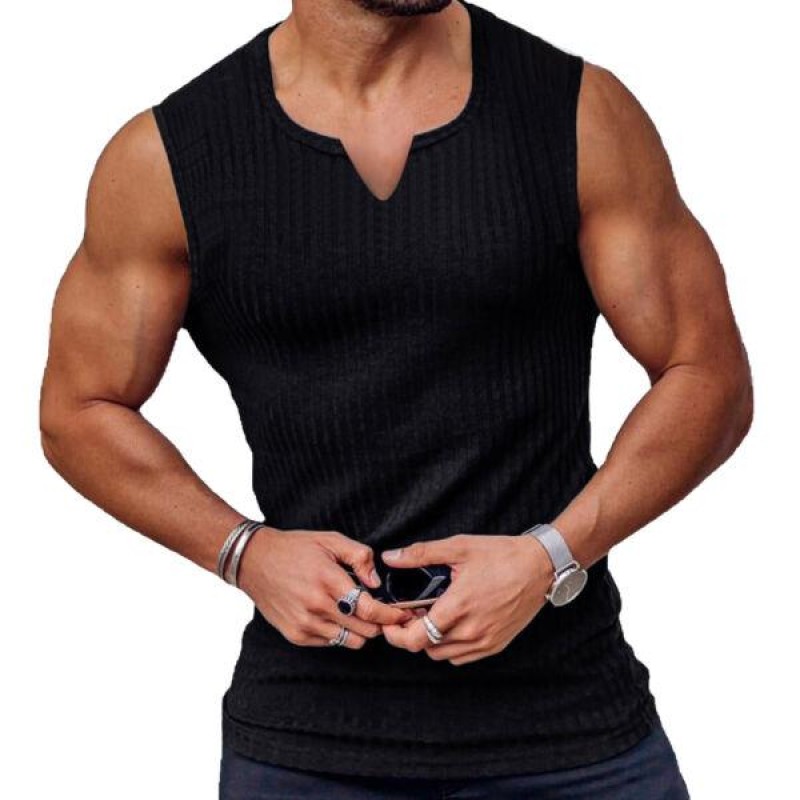 Men Ribbed Solid Color Sports Tank Top Vest Sleeve...