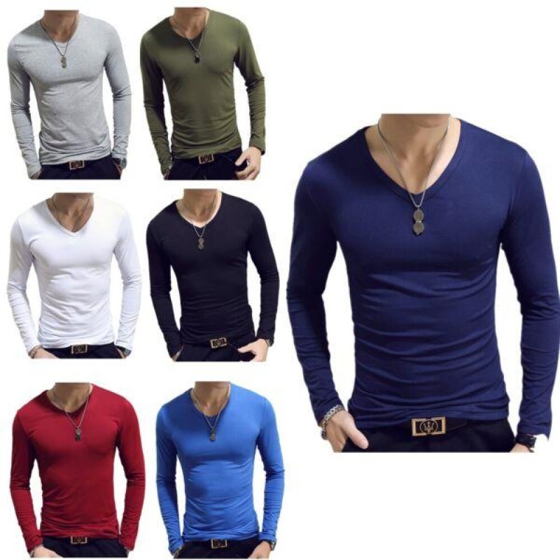 Mens Long Sleeve Slim Fit T-shirt Solid Color Stretch Tops Thermal Undershirt