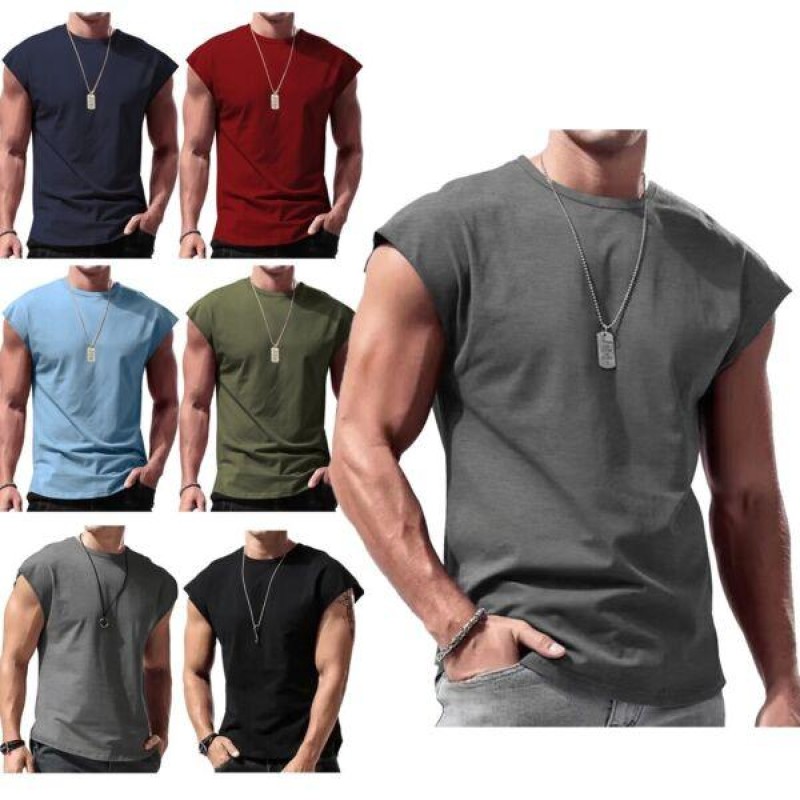 Mens Sleeveless Loose T-Shirt Solid Color Round Neck Vest Tops Muscle Tank Tops