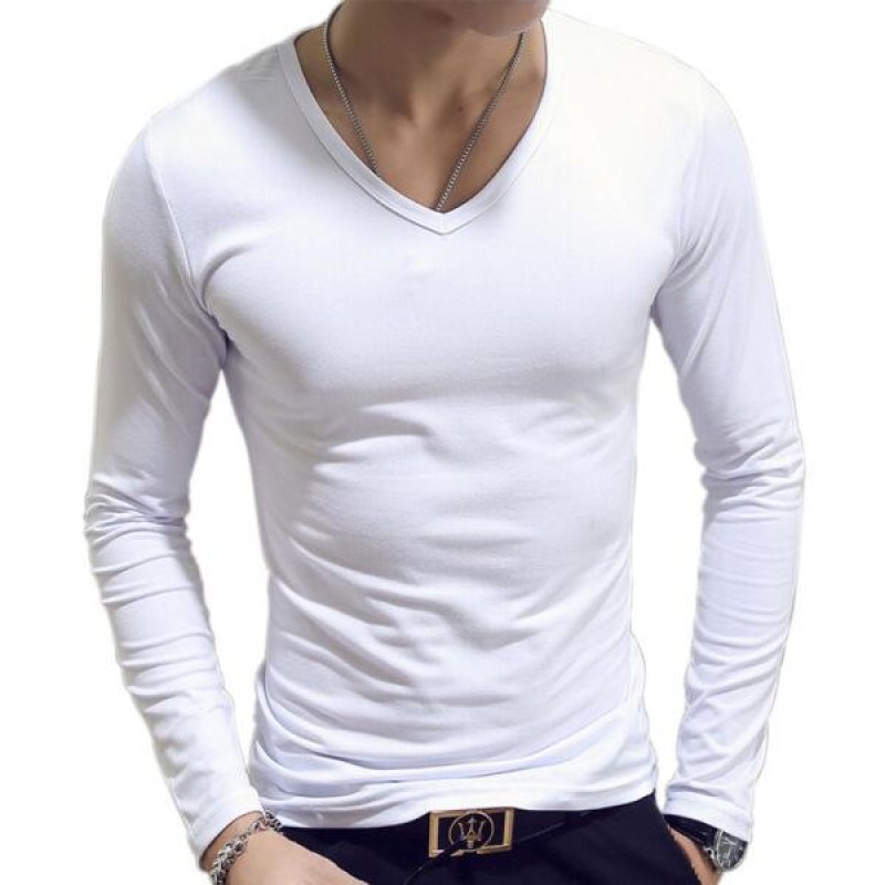 Mens Long Sleeve Slim Fit T-shirt Solid Color Stre...