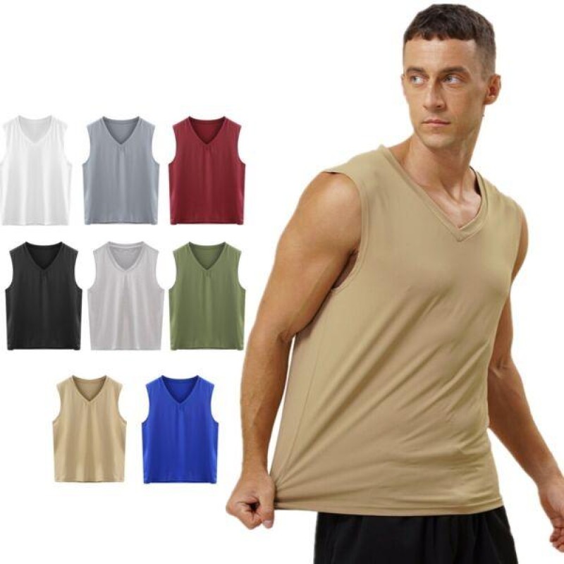 Mens Casual Sleeveless T-shirt Solid Color V Neck Workout Vest Muscle Tank Tops