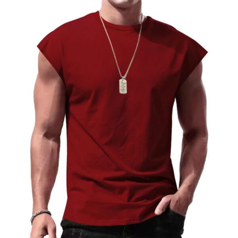 Mens Sleeveless Loose T-Shirt Solid Color Round Ne...