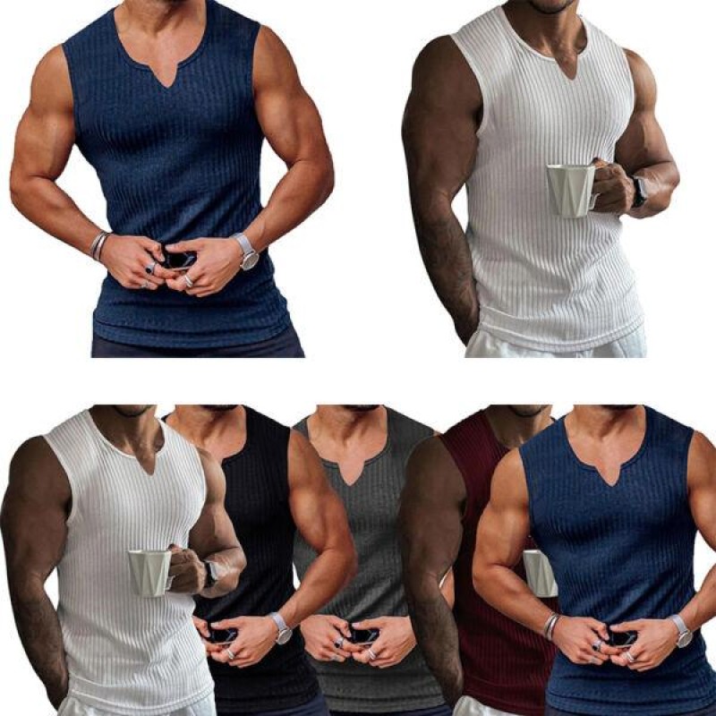 Men Ribbed Solid Color Sports Tank Top Vest Sleeveleess V Neck Muscle Shirts