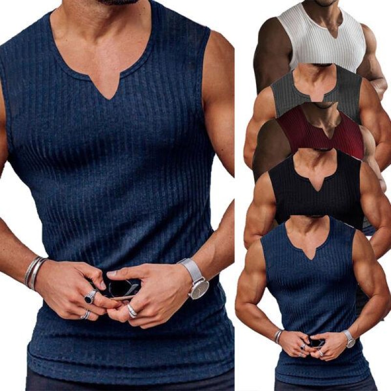 Men Ribbed Solid Color Sports Tank Top Vest Sleeveleess V Neck Muscle Shirts