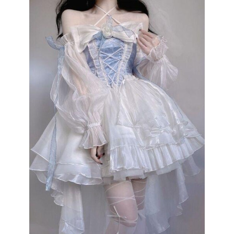 Princess Party Dress Lolita Dress Bow Flower Lace Mesh  Fairy Elegant LongDress 