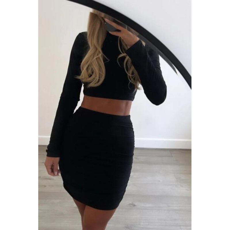 Womens Sexy Party Crop Top & Ruched Mini Skirt Two Piece Co Ord Set Dress Outfit