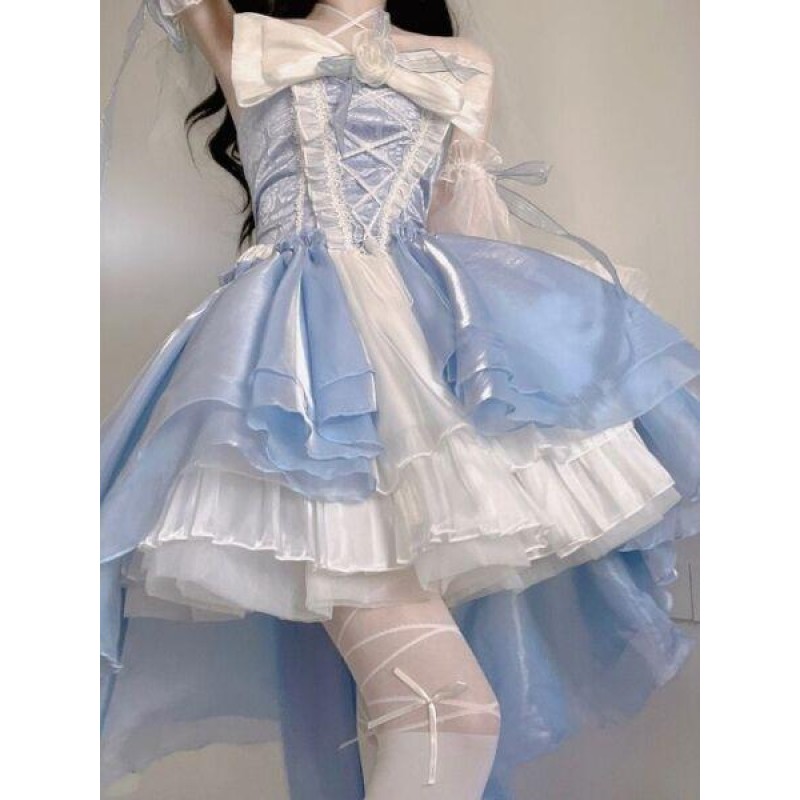 Princess Party Dress Lolita Dress Bow Flower Lace Mesh  Fairy Elegant LongDress 