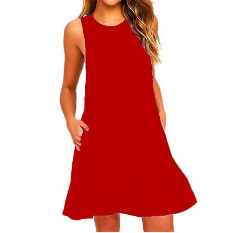 Women Sleeveless Casual T Shirt Dress Pocket Swing Beach Loose Tank Sundress Top