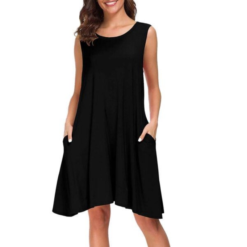 Women Sleeveless Casual T Shirt Dress Pocket Swing...