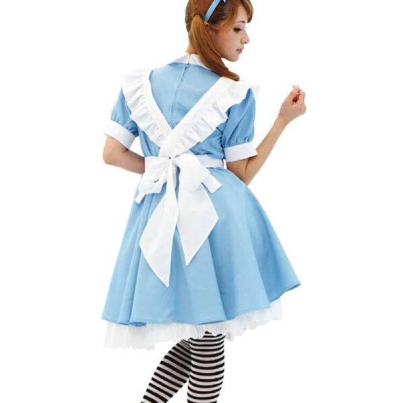 Alice in Wonderland Costume Waitress Uniform Maid Blue Dress Halloween Cosplay