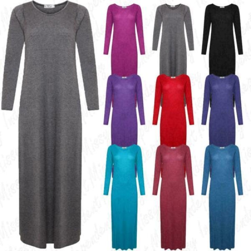 WOMENS LONG SLEEVE LONG MAXI DRESS LADIES PLAIN MAXI JERSEY PLUS SIZE 8-26