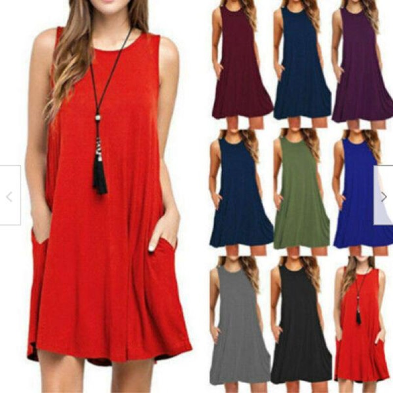 Women Sleeveless Casual T Shirt Dress Pocket Swing Beach Loose Tank Sundress Top